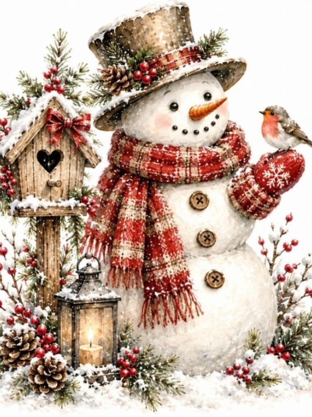 Festive Snowman Holiday Wall Art Print - Red Plaid Scarf 8x10